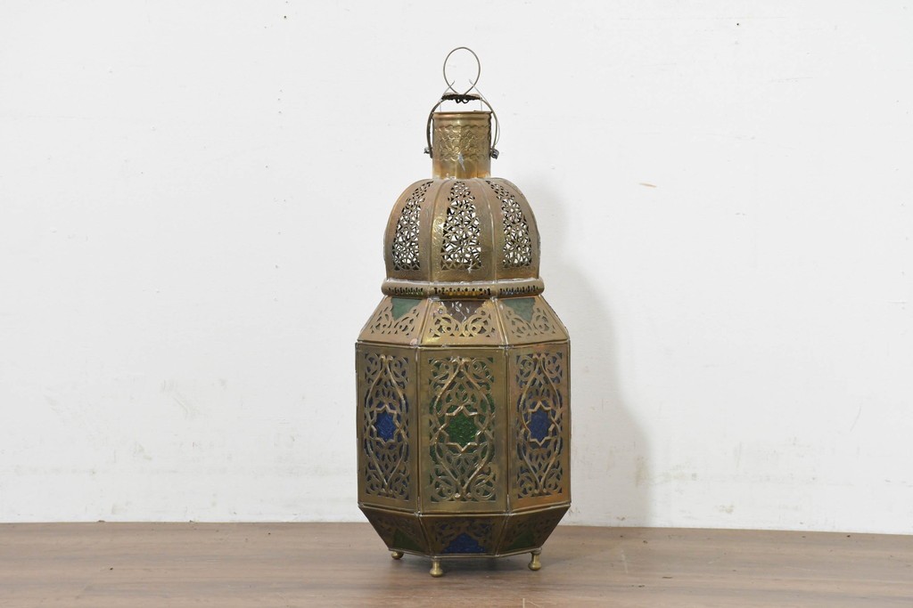 《スタンドライト加工費込み》　アジアンヴィンテージ　インド　1990年頃　真鍮製　特大!!　高さ約70cm　多彩な色ガラスを配したランタン風スタンドライト　(R-088535)