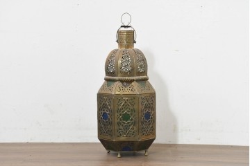 《スタンドライト加工費込み》　アジアンヴィンテージ　インド　1990年頃　真鍮製　特大!!　高さ約70cm　多彩な色ガラスを配したランタン風スタンドライト　(R-088535)