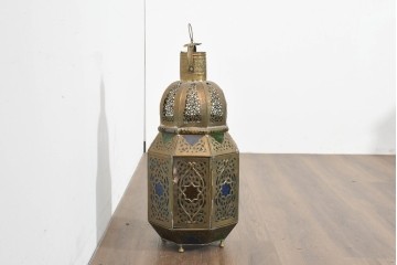 《スタンドライト加工費込み》　アジアンヴィンテージ　インド　1990年頃　真鍮製　特大!!　高さ約70cm　多彩な色ガラスを配したランタン風スタンドライト　(R-088535)