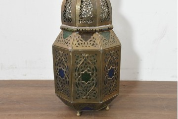 《スタンドライト加工費込み》　アジアンヴィンテージ　インド　1990年頃　真鍮製　特大!!　高さ約70cm　多彩な色ガラスを配したランタン風スタンドライト　(R-088535)