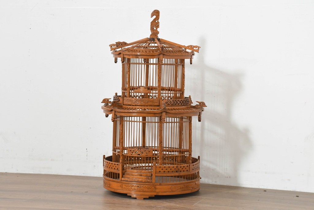 【簡易リペア限定品】　中古　アジアン民芸雑貨　緻密な竹細工が見事な鳥かご　(R-088538)