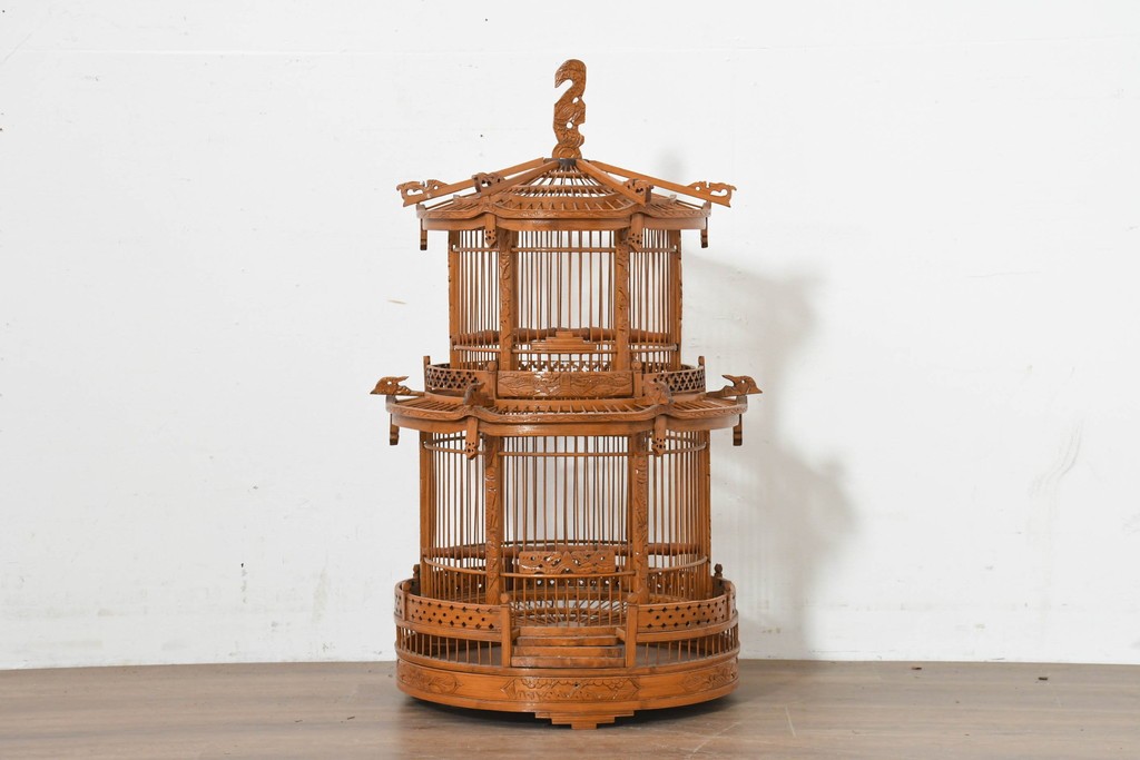 【簡易リペア限定品】　中古　アジアン民芸雑貨　緻密な竹細工が見事な鳥かご　(R-088538)