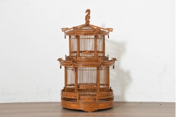 【簡易リペア限定品】　中古　アジアン民芸雑貨　緻密な竹細工が見事な鳥かご　(R-088538)