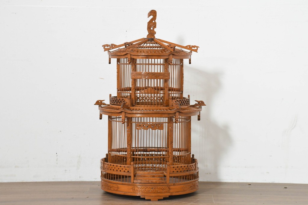 【簡易リペア限定品】　中古　アジアン民芸雑貨　緻密な竹細工が見事な鳥かご　(R-088538)