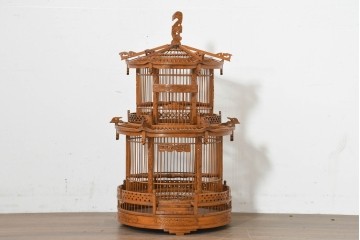 【簡易リペア限定品】　中古　アジアン民芸雑貨　緻密な竹細工が見事な鳥かご　(R-088538)
