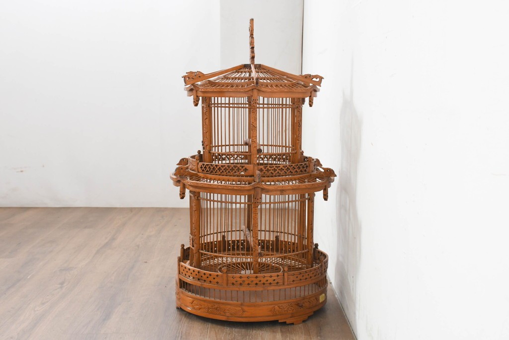 【簡易リペア限定品】　中古　アジアン民芸雑貨　緻密な竹細工が見事な鳥かご　(R-088538)