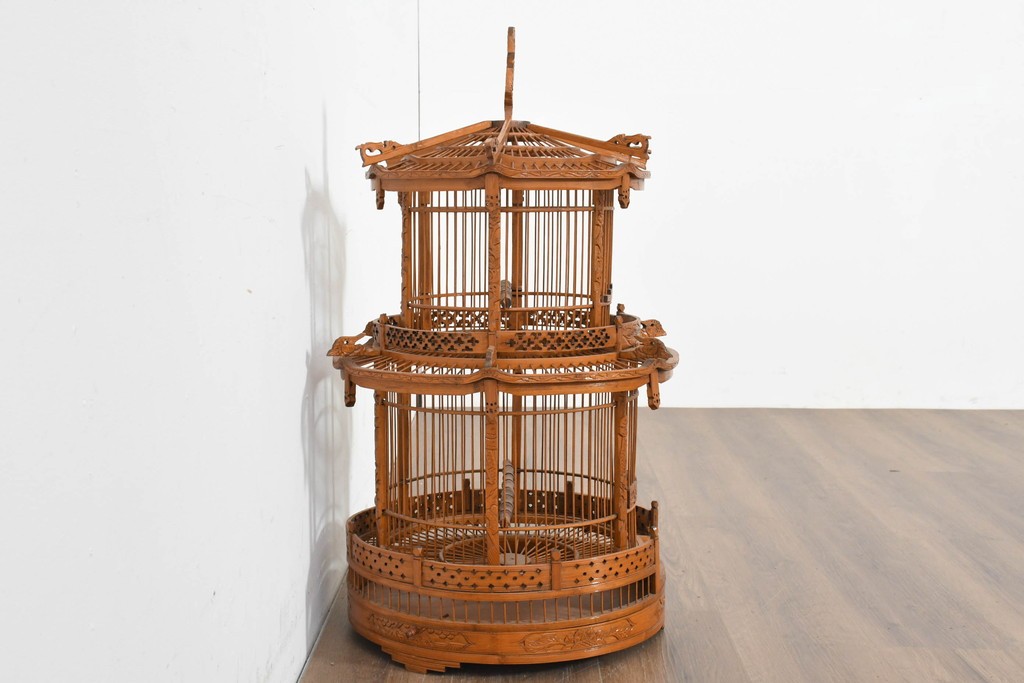 【簡易リペア限定品】　中古　アジアン民芸雑貨　緻密な竹細工が見事な鳥かご　(R-088538)