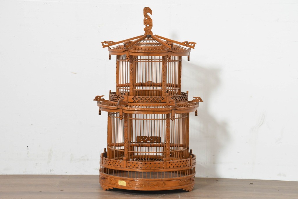 【簡易リペア限定品】　中古　アジアン民芸雑貨　緻密な竹細工が見事な鳥かご　(R-088538)