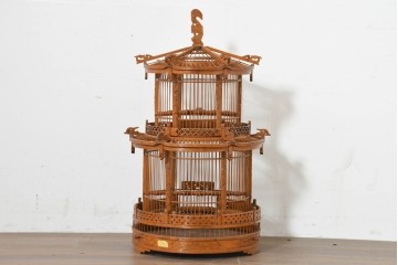 【簡易リペア限定品】　中古　アジアン民芸雑貨　緻密な竹細工が見事な鳥かご　(R-088538)