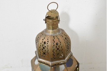 ヴィンテージ雑貨　美品　モロッコ　エキゾチックな色ガラス入りキャンドルランタン　※ディスプレイ用　(R-088541)