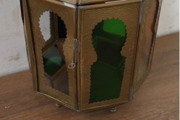 ヴィンテージ雑貨　美品　モロッコ　エキゾチックな色ガラス入りキャンドルランタン　※ディスプレイ用　(R-088541)