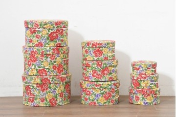 フランスヴィンテージ　花柄が華やかな入れ子式丸型クラフトボックス9個セット　(R-088543)