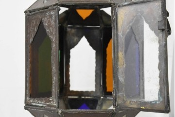 ヴィンテージ雑貨　モロッコ　エキゾチックな色ガラス入りキャンドルランタン　※ディスプレイ用　(R-088546)