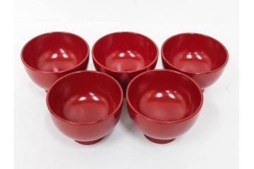 根来塗　朱塗りの御好椀揃と彩り豊かな独楽盆セット　共箱付き　(R-088560)