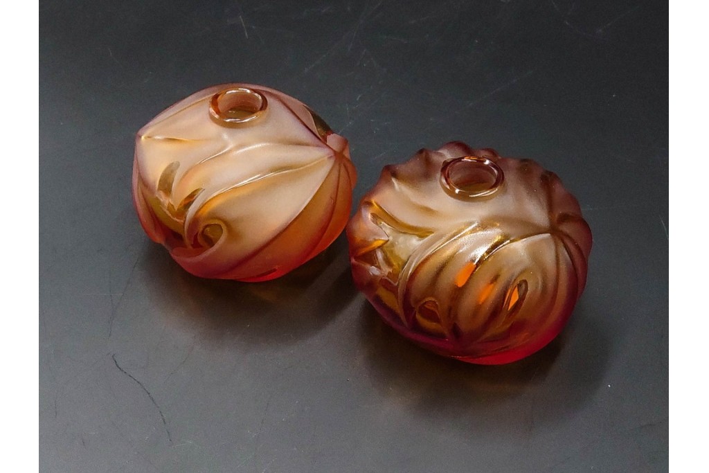 フランス　LALIQUE(ラリック)　ROYAL PALM(ロイヤルパーム)　琥珀色の濃淡が美しい花瓶2点セット　(R-088561)