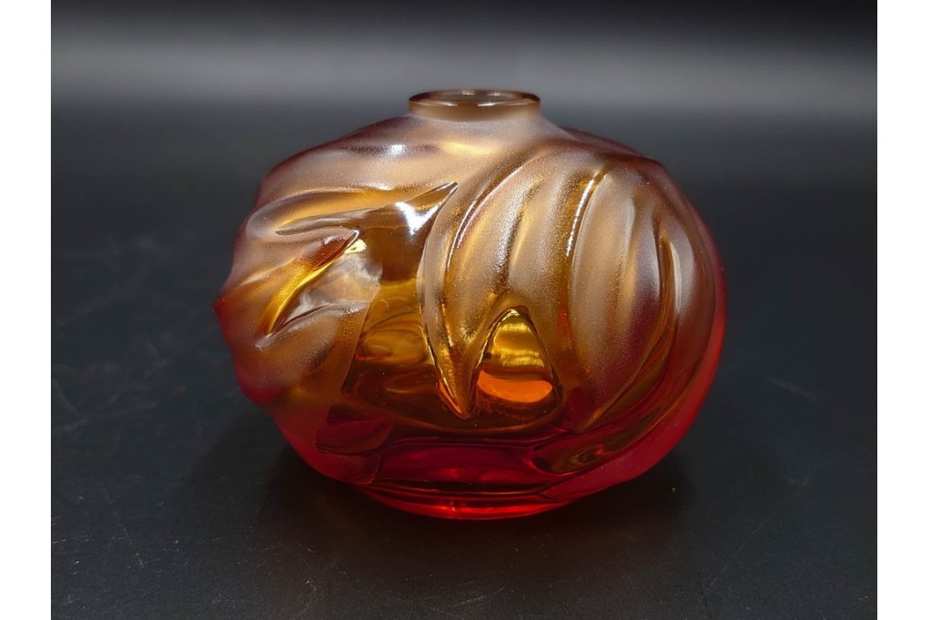 フランス　LALIQUE(ラリック)　ROYAL PALM(ロイヤルパーム)　琥珀色の濃淡が美しい花瓶2点セット　(R-088561)