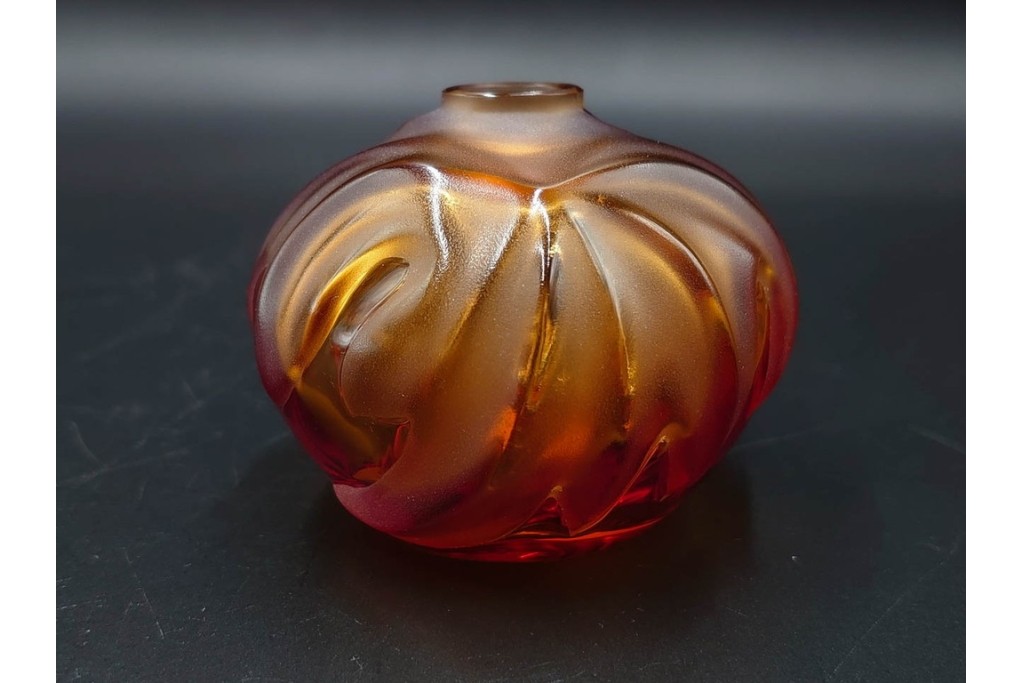 フランス　LALIQUE(ラリック)　ROYAL PALM(ロイヤルパーム)　琥珀色の濃淡が美しい花瓶2点セット　(R-088561)