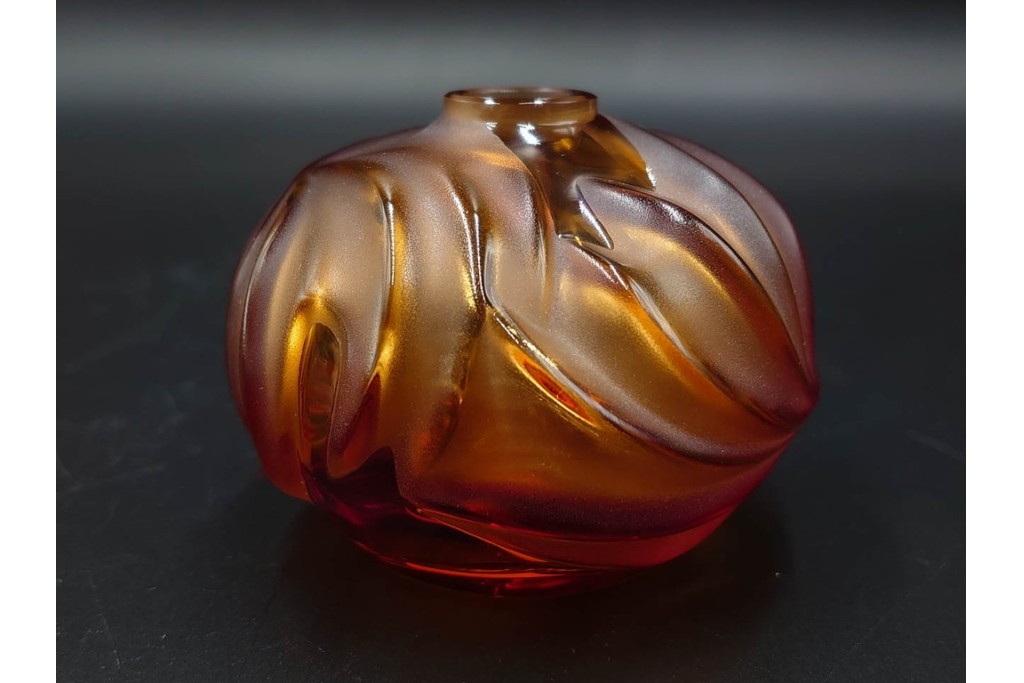 フランス　LALIQUE(ラリック)　ROYAL PALM(ロイヤルパーム)　琥珀色の濃淡が美しい花瓶2点セット　(R-088561)