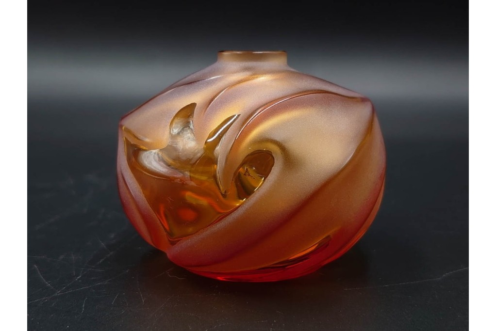 フランス　LALIQUE(ラリック)　ROYAL PALM(ロイヤルパーム)　琥珀色の濃淡が美しい花瓶2点セット　(R-088561)