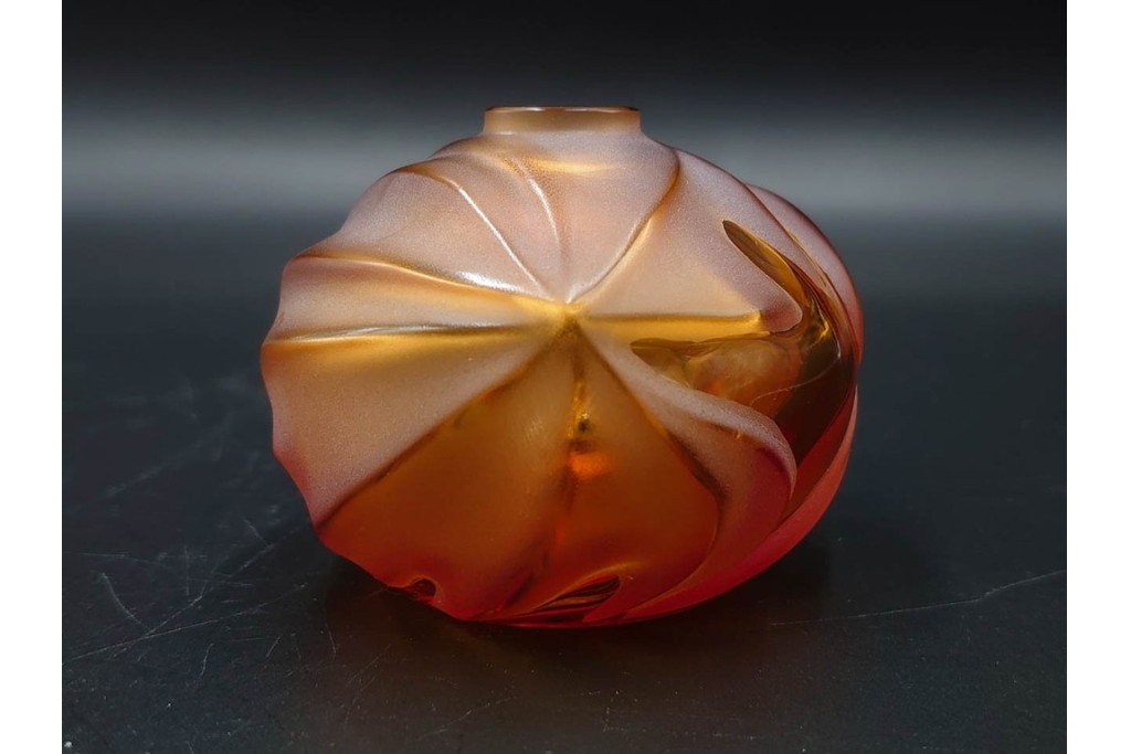 フランス　LALIQUE(ラリック)　ROYAL PALM(ロイヤルパーム)　琥珀色の濃淡が美しい花瓶2点セット　(R-088561)