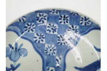 江戸期　染付　直径約21cm(6.9寸)　石畳に菖蒲文を配した爽やかな中皿　(R-088569)