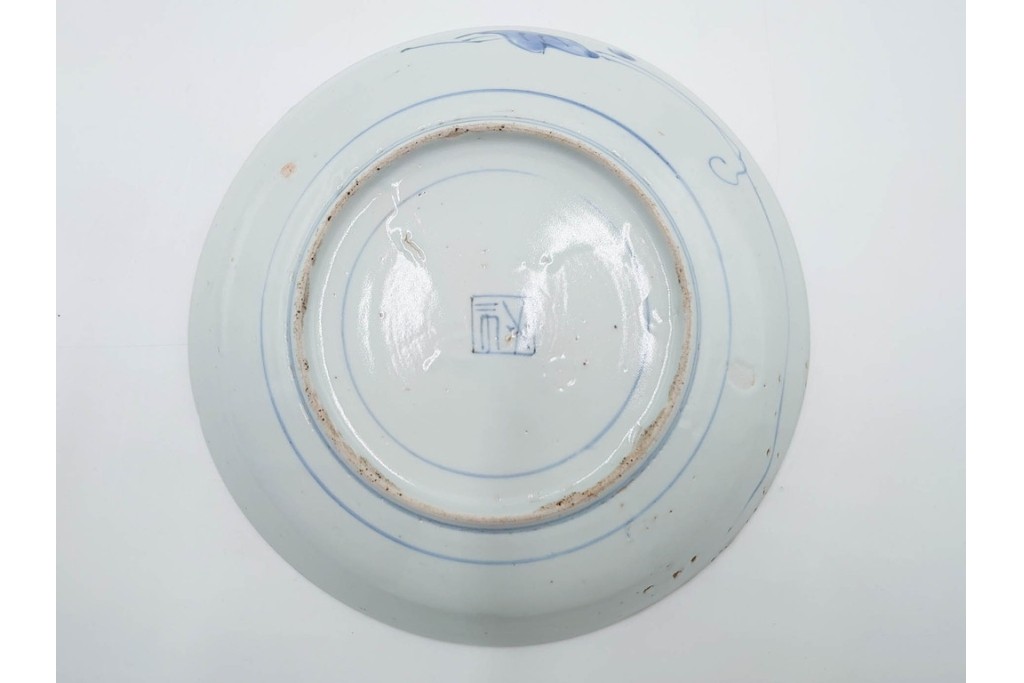 江戸期　染付　直径約21cm(6.9寸)　石畳に菖蒲文を配した爽やかな中皿　(R-088569)
