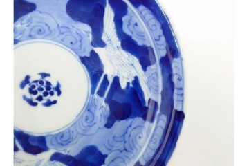 江戸期　古伊万里　染付　雲鶴文中皿(5.9寸)　輪花型・蛸唐草文なます皿(4.9寸)　異なる意匠が魅力の皿5点セット　(R-088570)