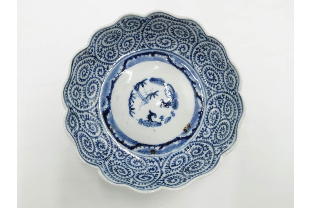 江戸期　成化年製　古伊万里　染付　直径約16cm(5.1寸)　輪花型　蛸唐草文と松竹梅文のなます皿5枚セット　(R-088571)