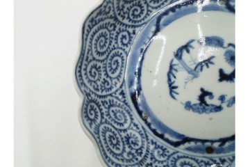 江戸期　成化年製　古伊万里　染付　直径約16cm(5.1寸)　輪花型　蛸唐草文と松竹梅文のなます皿5枚セット　(R-088571)