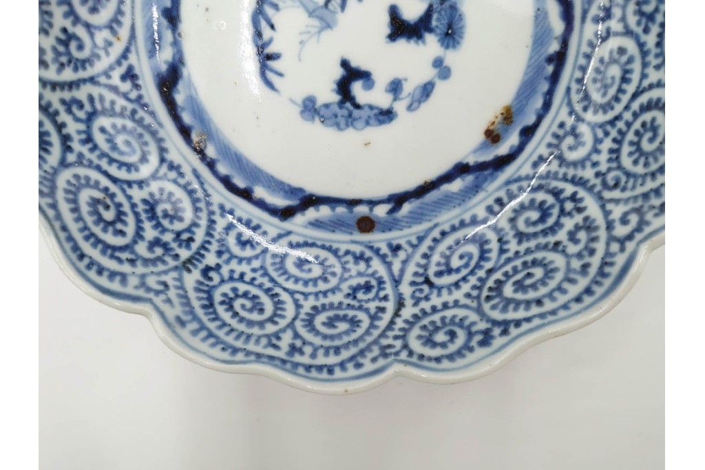 江戸期　成化年製　古伊万里　染付　直径約16cm(5.1寸)　輪花型　蛸唐草文と松竹梅文のなます皿5枚セット　(R-088571)