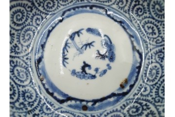江戸期　成化年製　古伊万里　染付　直径約16cm(5.1寸)　輪花型　蛸唐草文と松竹梅文のなます皿5枚セット　(R-088571)