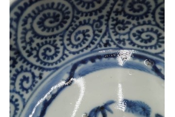 江戸期　成化年製　古伊万里　染付　直径約16cm(5.1寸)　輪花型　蛸唐草文と松竹梅文のなます皿5枚セット　(R-088571)