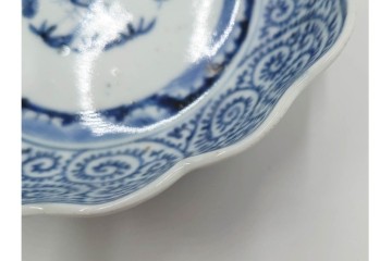 江戸期　成化年製　古伊万里　染付　直径約16cm(5.1寸)　輪花型　蛸唐草文と松竹梅文のなます皿5枚セット　(R-088571)