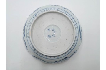 江戸期　成化年製　古伊万里　染付　直径約16cm(5.1寸)　輪花型　蛸唐草文と松竹梅文のなます皿5枚セット　(R-088571)