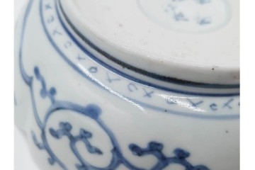 江戸期　成化年製　古伊万里　染付　直径約16cm(5.1寸)　輪花型　蛸唐草文と松竹梅文のなます皿5枚セット　(R-088571)