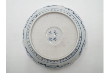 江戸期　成化年製　古伊万里　染付　直径約16cm(5.1寸)　輪花型　蛸唐草文と松竹梅文のなます皿5枚セット　(R-088571)