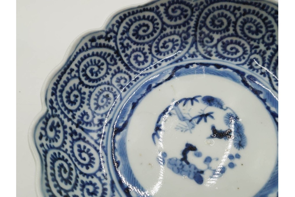 江戸期　成化年製　古伊万里　染付　直径約16cm(5.1寸)　輪花型　蛸唐草文と松竹梅文のなます皿5枚セット　(R-088571)