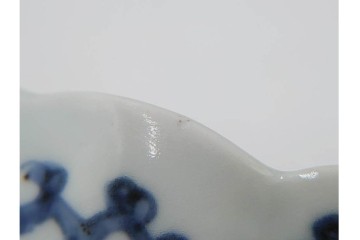 江戸期　成化年製　古伊万里　染付　直径約16cm(5.1寸)　輪花型　蛸唐草文と松竹梅文のなます皿5枚セット　(R-088571)