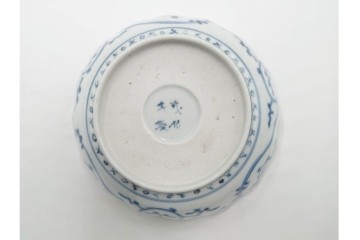 江戸期　成化年製　古伊万里　染付　直径約16cm(5.1寸)　輪花型　蛸唐草文と松竹梅文のなます皿5枚セット　(R-088571)