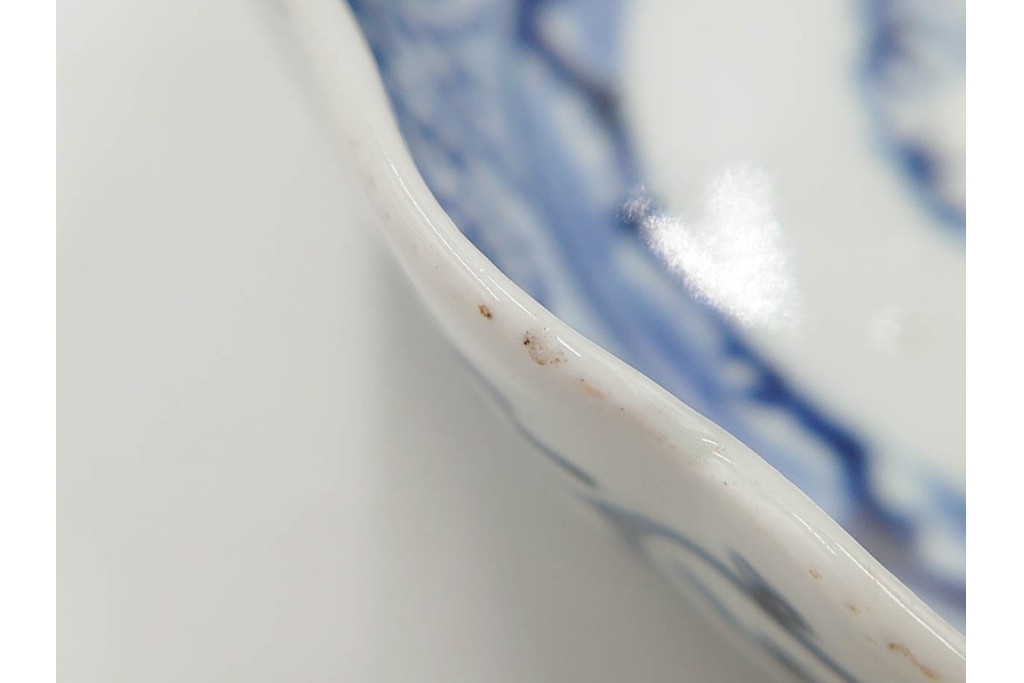 江戸期　成化年製　古伊万里　染付　直径約16cm(5.1寸)　輪花型　蛸唐草文と松竹梅文のなます皿5枚セット　(R-088571)