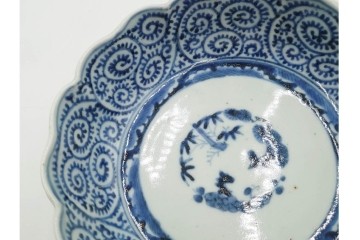 江戸期　成化年製　古伊万里　染付　直径約16cm(5.1寸)　輪花型　蛸唐草文と松竹梅文のなます皿5枚セット　(R-088571)