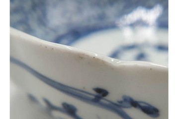 江戸期　成化年製　古伊万里　染付　直径約16cm(5.1寸)　輪花型　蛸唐草文と松竹梅文のなます皿5枚セット　(R-088571)
