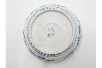 江戸期　成化年製　古伊万里　染付　直径約16cm(5.1寸)　輪花型　蛸唐草文と松竹梅文のなます皿5枚セット　(R-088571)