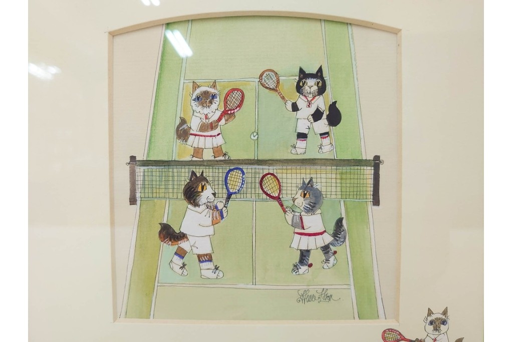 真作　ダイアン・エルソン(Diane Elson)　テニスを楽しむ猫たちを描いた水彩画　サイン入り　外箱付き　(R-088576)