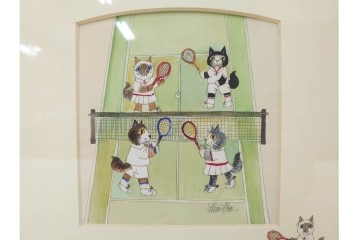 真作　ダイアン・エルソン(Diane Elson)　テニスを楽しむ猫たちを描いた水彩画　サイン入り　外箱付き　(R-088576)