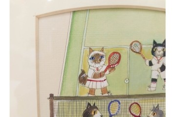 真作　ダイアン・エルソン(Diane Elson)　テニスを楽しむ猫たちを描いた水彩画　サイン入り　外箱付き　(R-088576)