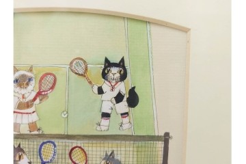 真作　ダイアン・エルソン(Diane Elson)　テニスを楽しむ猫たちを描いた水彩画　サイン入り　外箱付き　(R-088576)