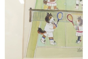 真作　ダイアン・エルソン(Diane Elson)　テニスを楽しむ猫たちを描いた水彩画　サイン入り　外箱付き　(R-088576)