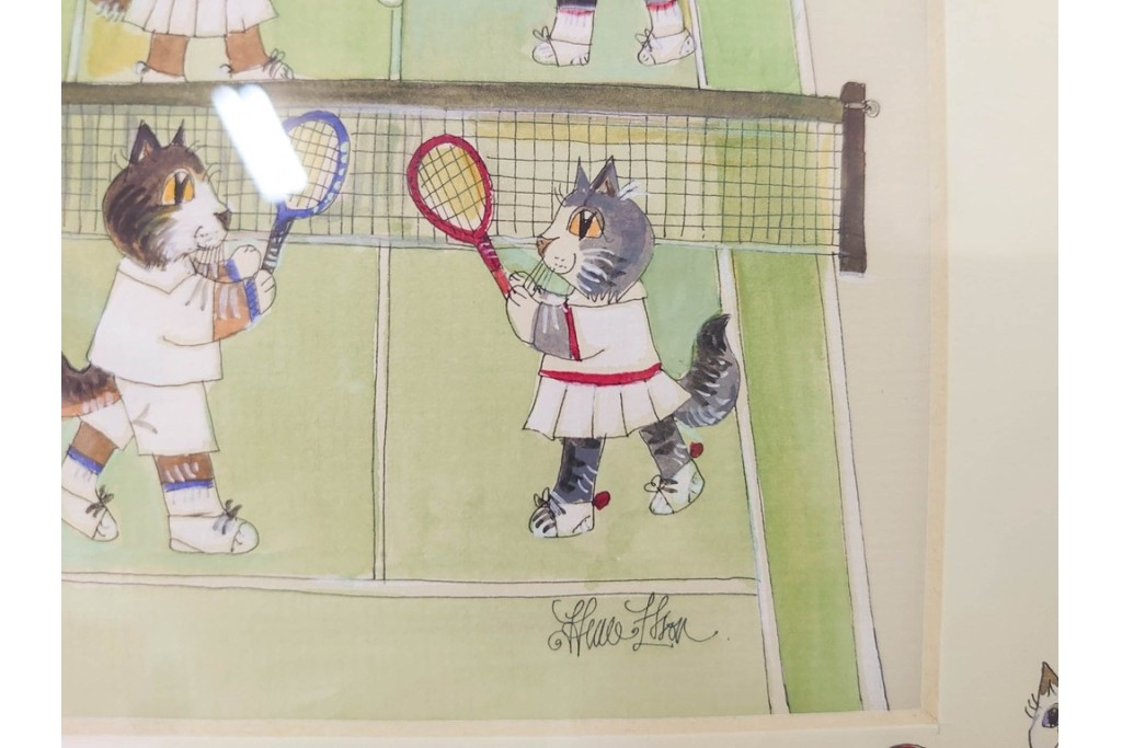 真作　ダイアン・エルソン(Diane Elson)　テニスを楽しむ猫たちを描いた水彩画　サイン入り　外箱付き　(R-088576)