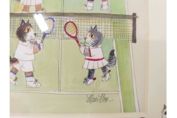 真作　ダイアン・エルソン(Diane Elson)　テニスを楽しむ猫たちを描いた水彩画　サイン入り　外箱付き　(R-088576)